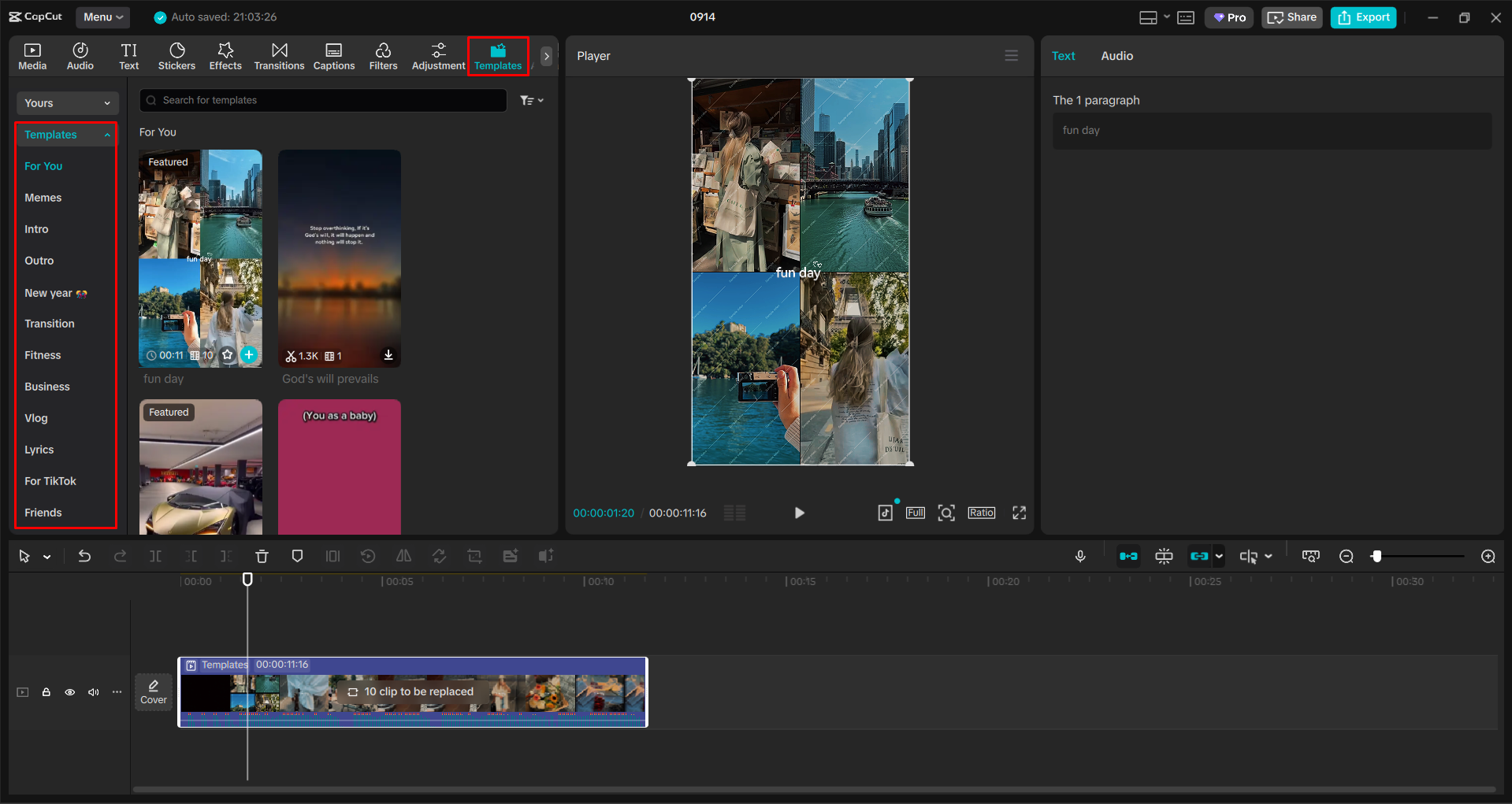 Escolha de um modelo de vídeo no editor de vídeo de desktop CapCut