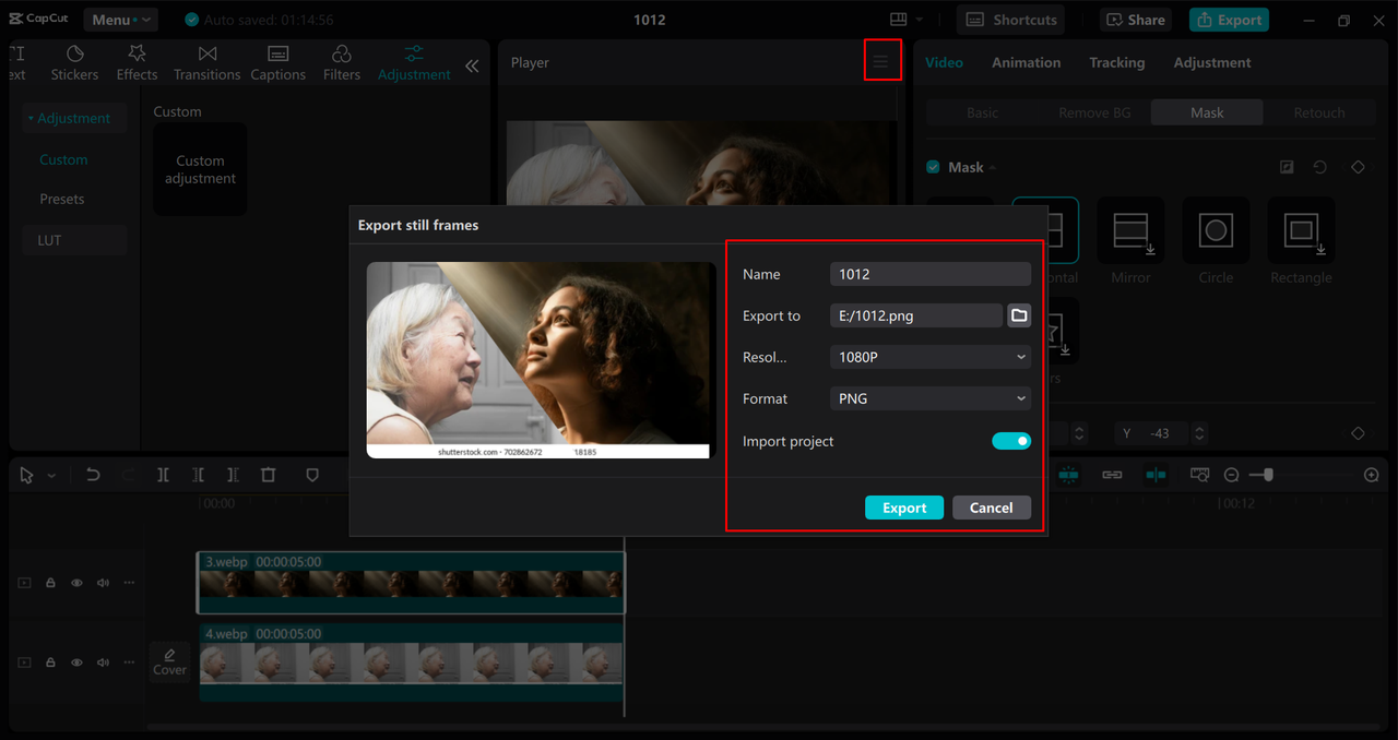 Export obrázků z editoru videa pro stolní počítače CapCut