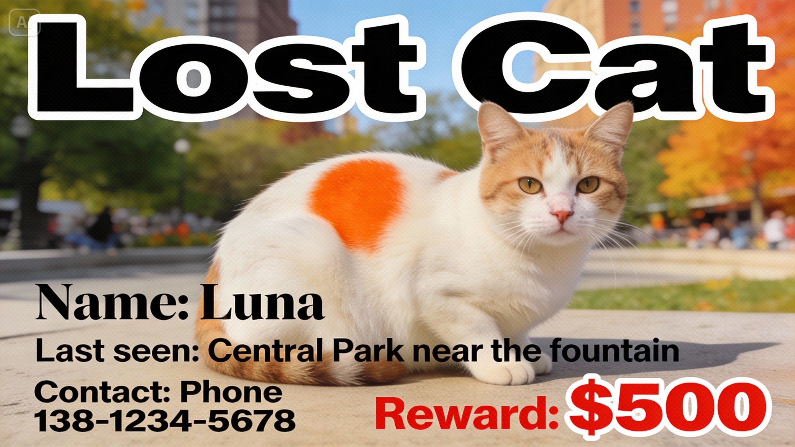 Afiș de pisică pierdută cu o pată portocalie unică pe spate