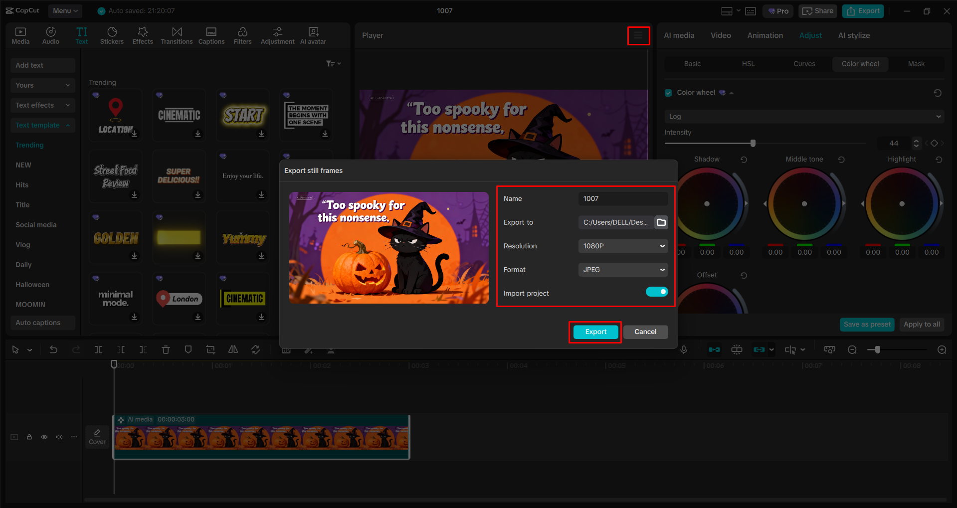 Exporting the meme from the CapCut desktop video editor