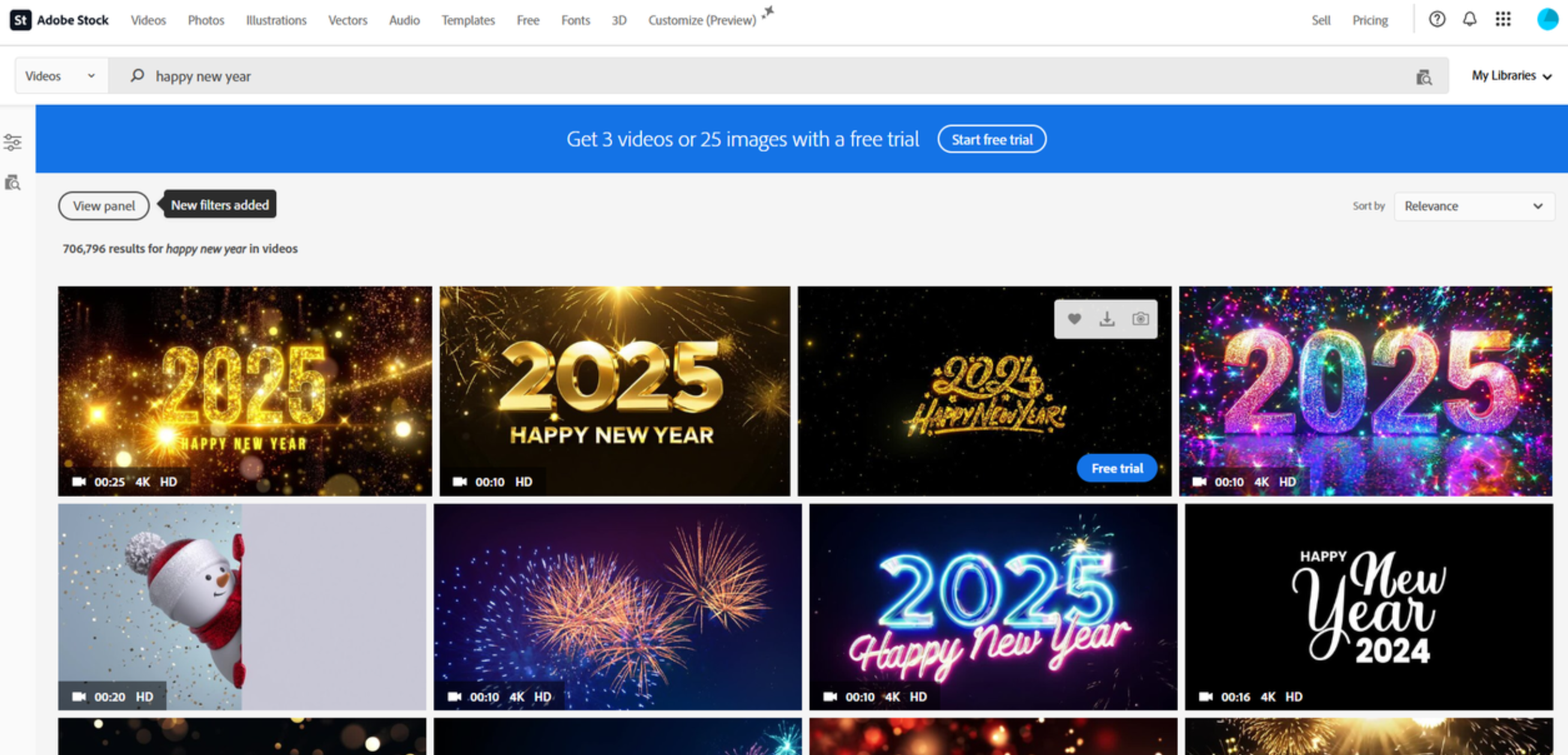 Interface of Adobe Stock - the best site to download Happy New Year videos