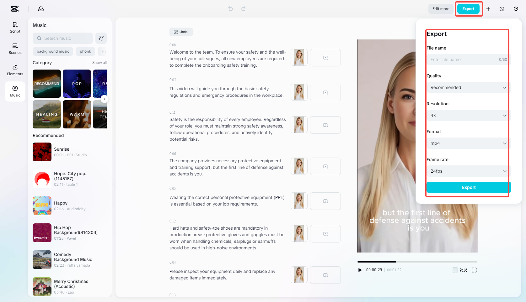 Export the training video in high quality