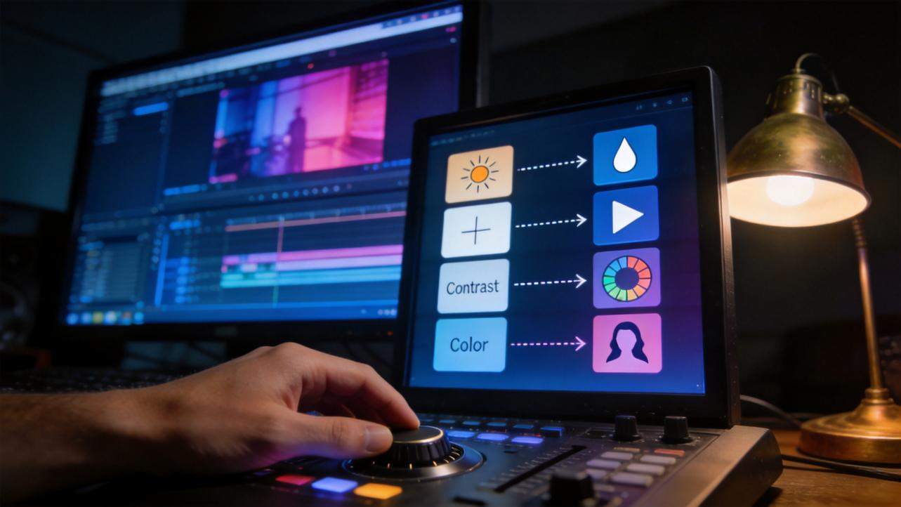 Hand adjusts color grading controls beside a video editing timeline and color settings icons