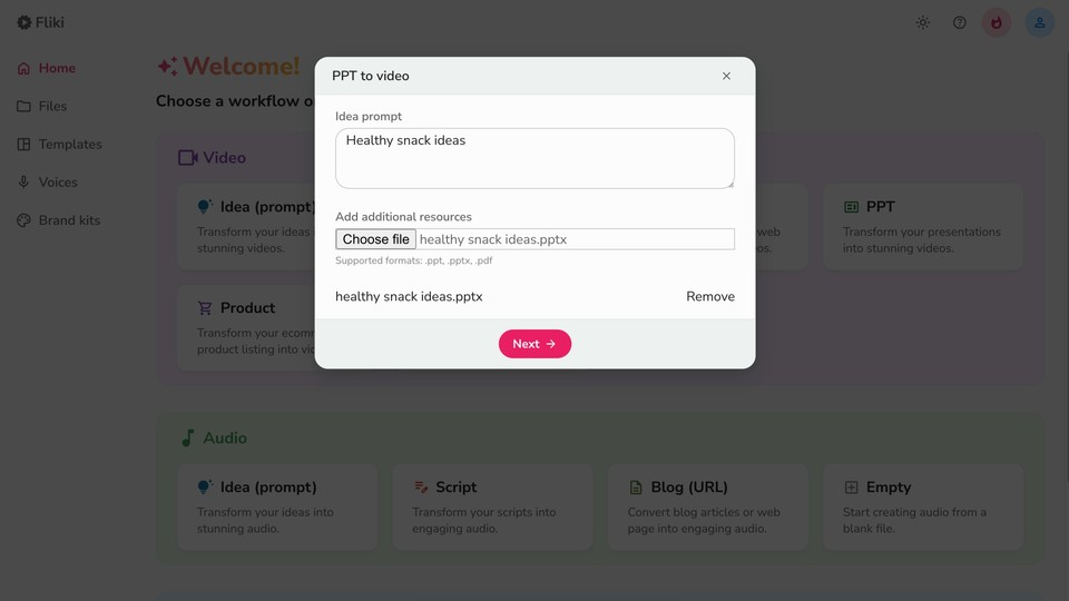 Open Fliki voor het converteren van PowerPoint naar een video