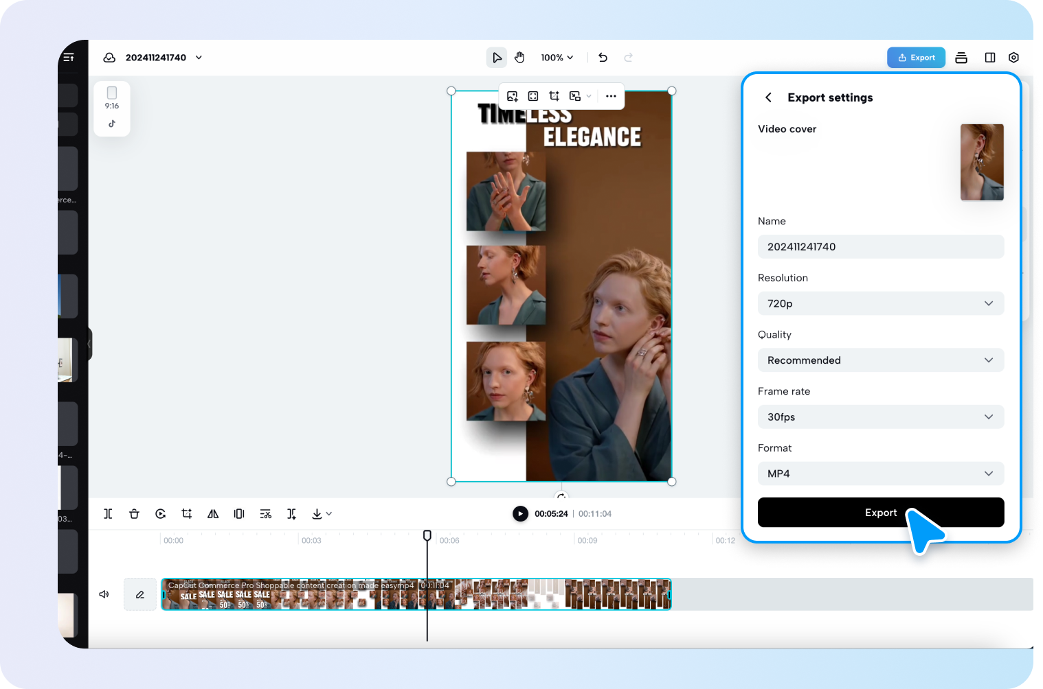 description=Pippit's video editor interface showing the export settings for compression, with options for resolution, quality, and format.