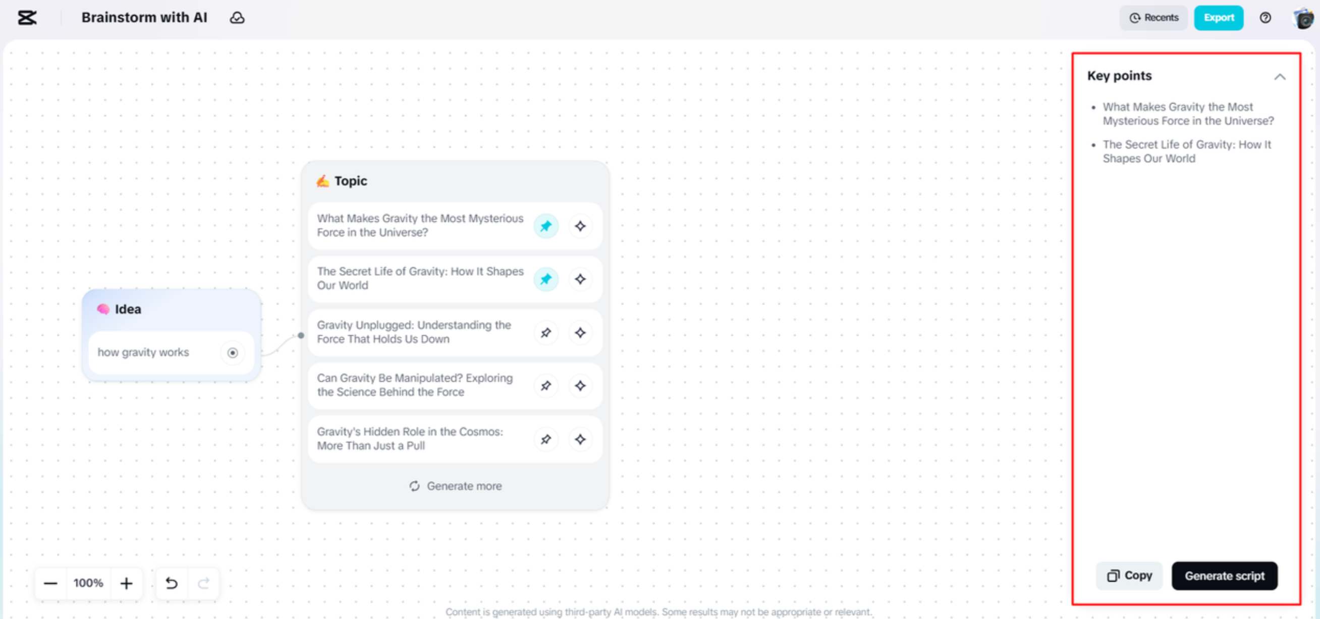 Picking a suitable key points in CapCut Web's Brainstrom with AI tool