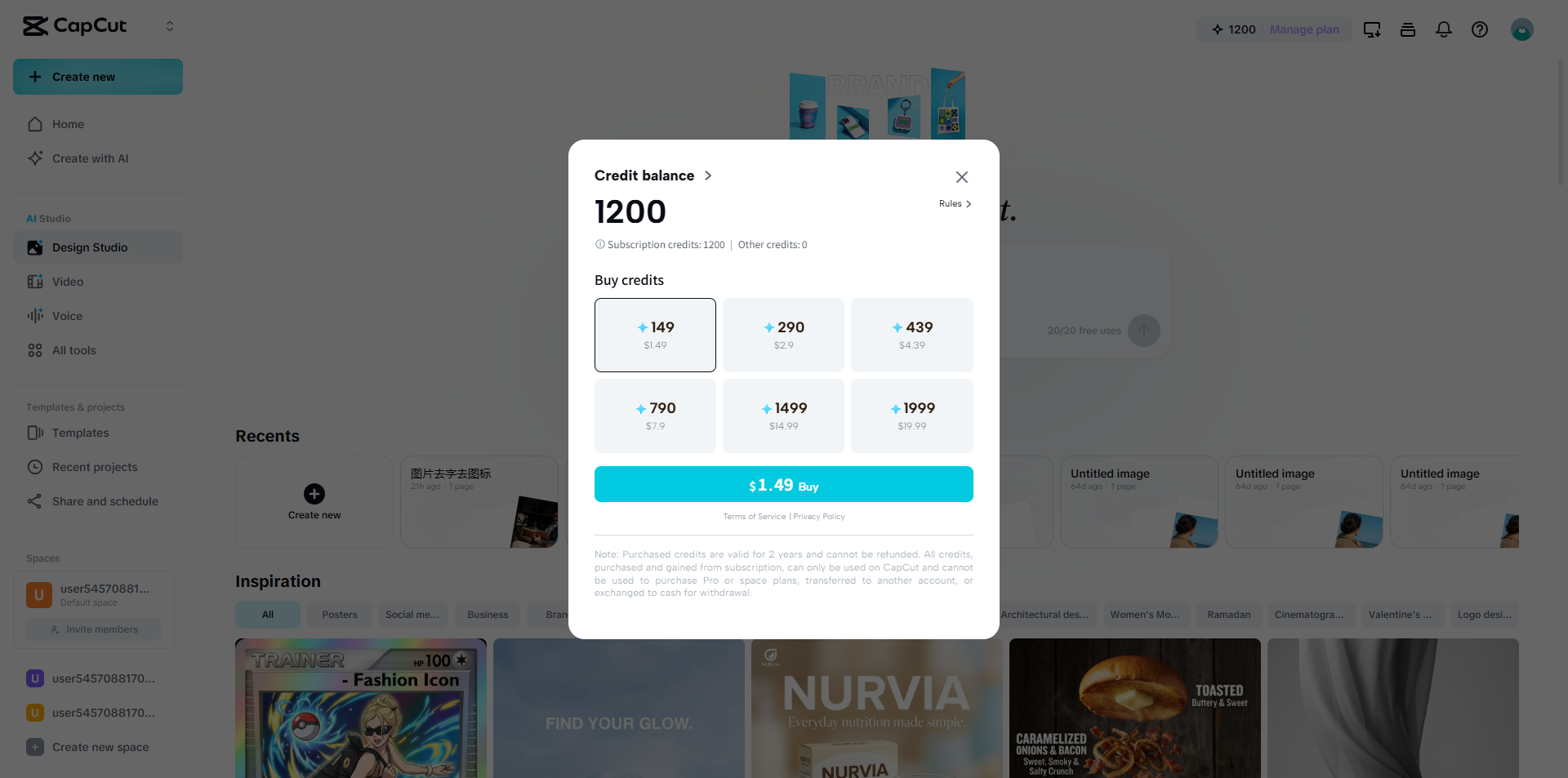 Purchase credits on CapCut Online