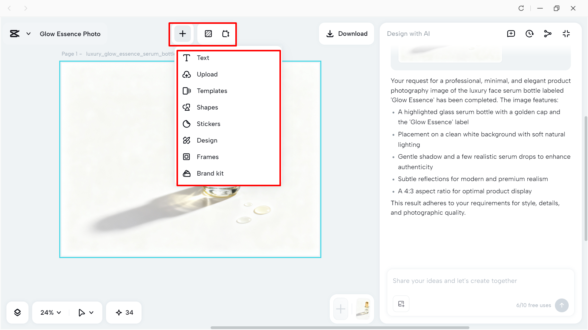 Editing the image after generating it in the Capcut desktop video editor