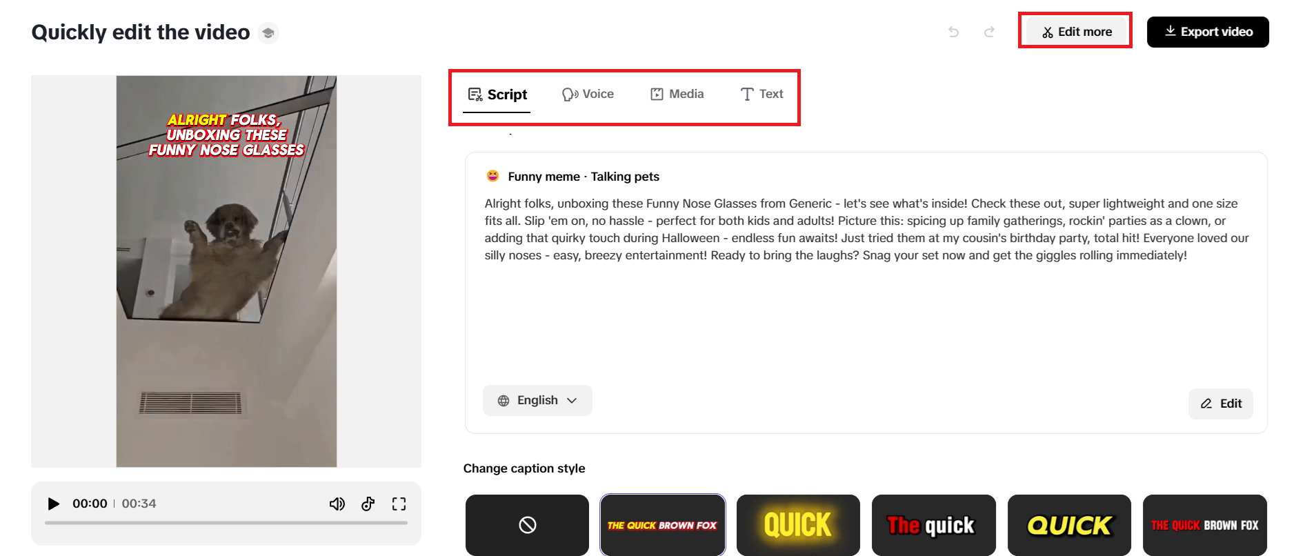 Quick editing options