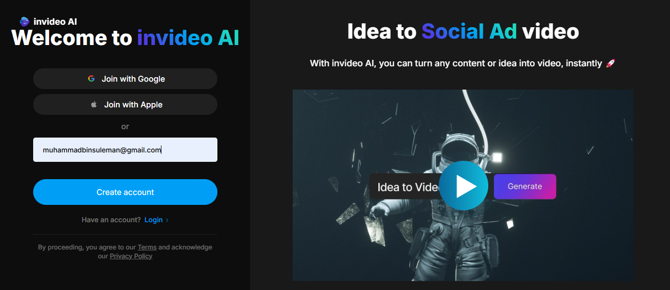Visit and sign up to Invideo