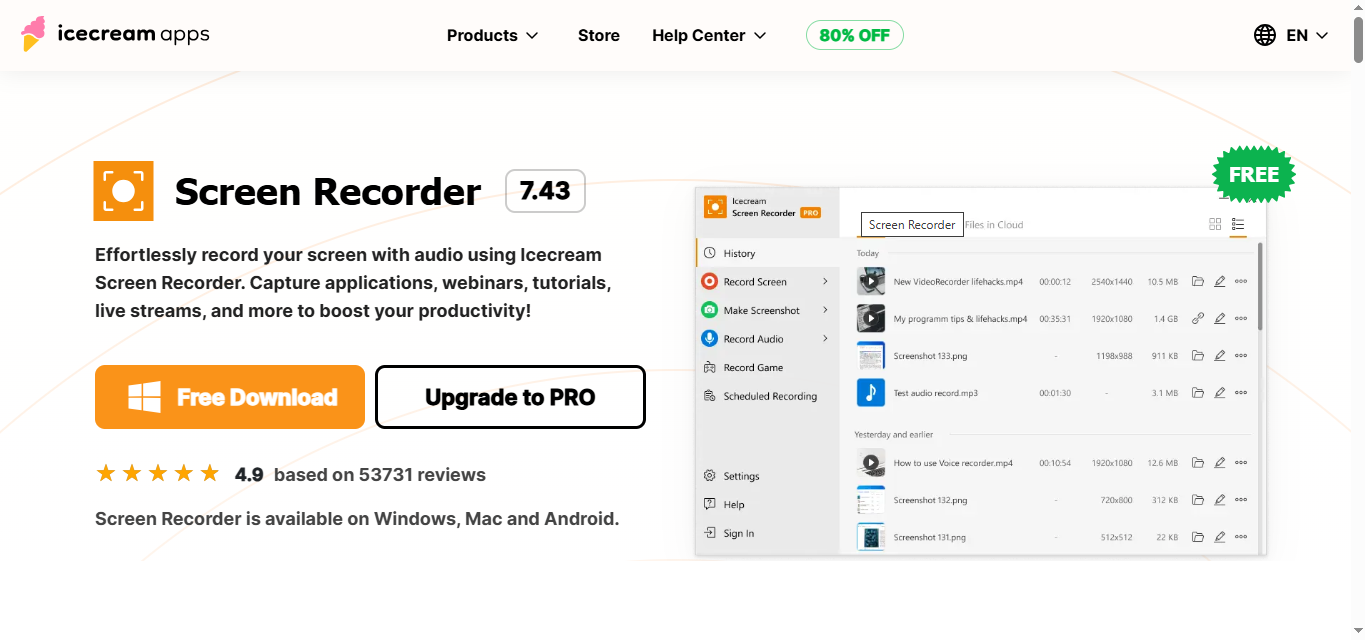 Az Icecream Screen Recorder felülete - egy könnyen használható 4k képernyős felvevő