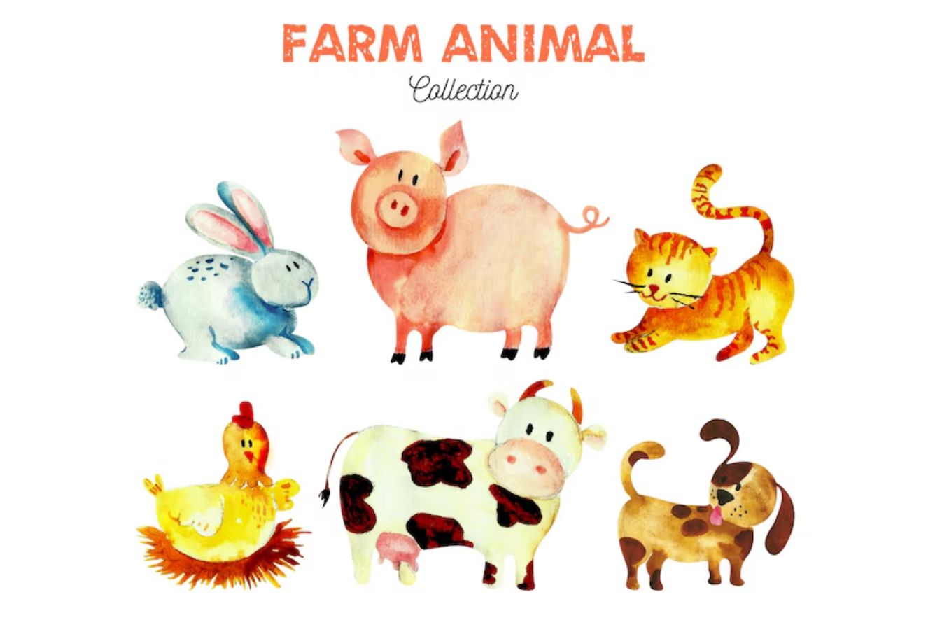Farm animals on soft watercolor background