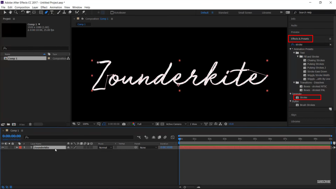 Applying the stroke in After Effects for text writing