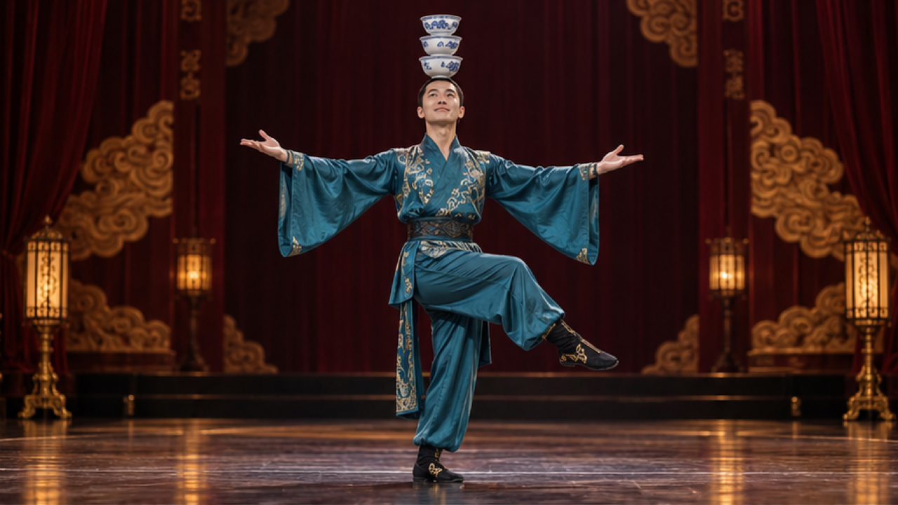 Premium photorealistic 16:9 STILL keyframe, original adult performer fitted teal silk costume graceful arms extended and one knee raised on refined burgundy-curtain theater stage, three small blue-and-white porcelain bowls stacked upright on head clearly separated rims, entire body head stack feet fully visible generous headroom, warm spotlights, no text logos watermark.