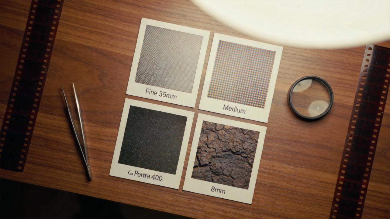 Four film texture sample cards on a wooden table with tweezers and a lens