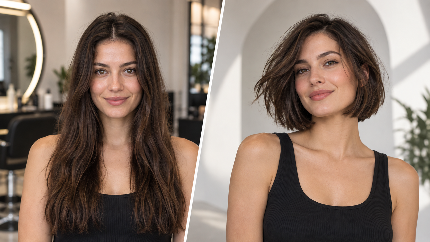 An editorial split portrait revealing a modern bob haircut