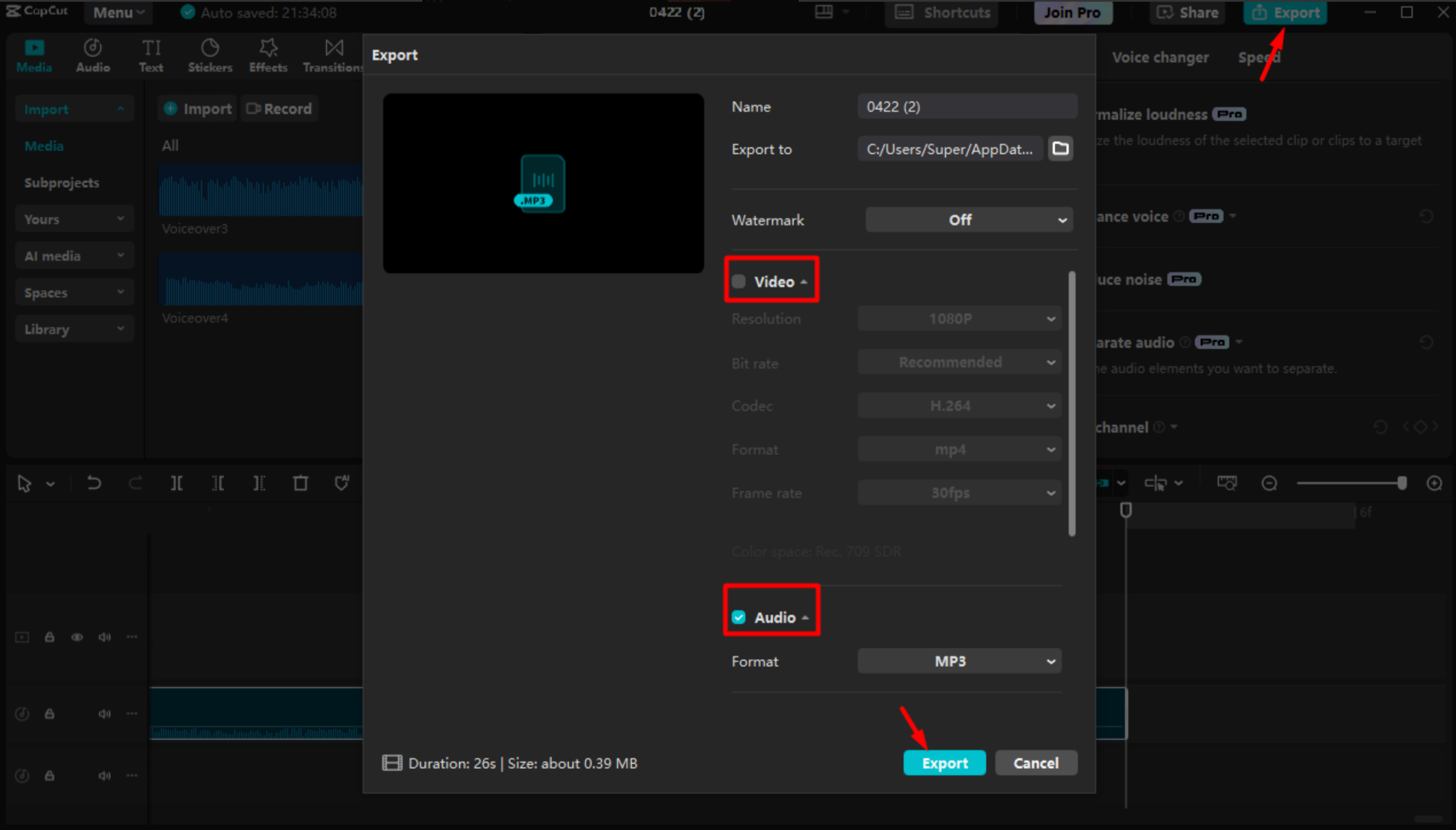 Mengeksport rakaman audio daripada editor video desktop CapCut