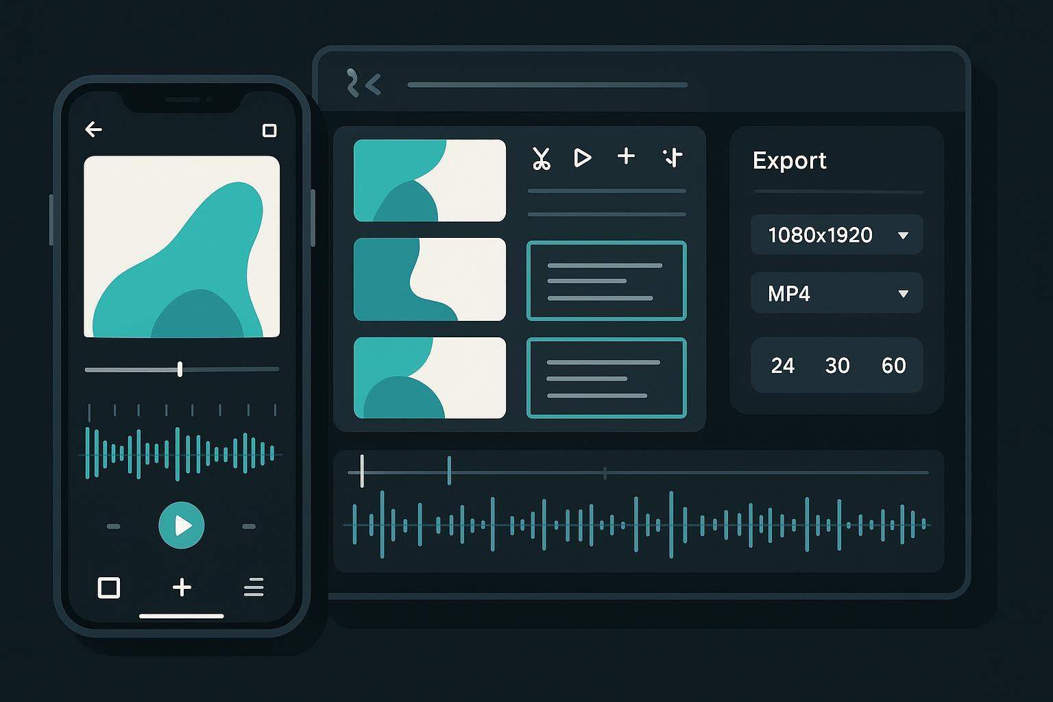 Collage of short-form vertical video timelines with captions, beat markers, and export settings.