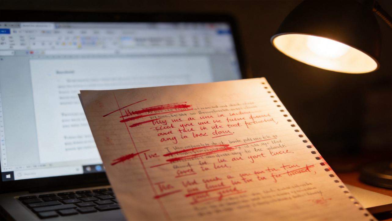 Marked-up paper held in front of a laptop screen under a desk lamp