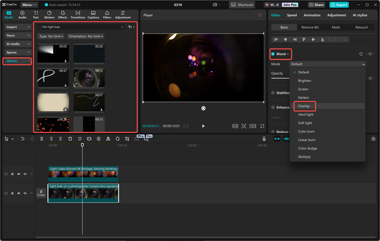 在桌面視訊編輯器中應用漏光覆蓋CapCut視訊