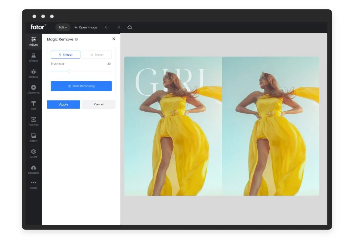 Interface of Fotor - a tool to edit text in photos