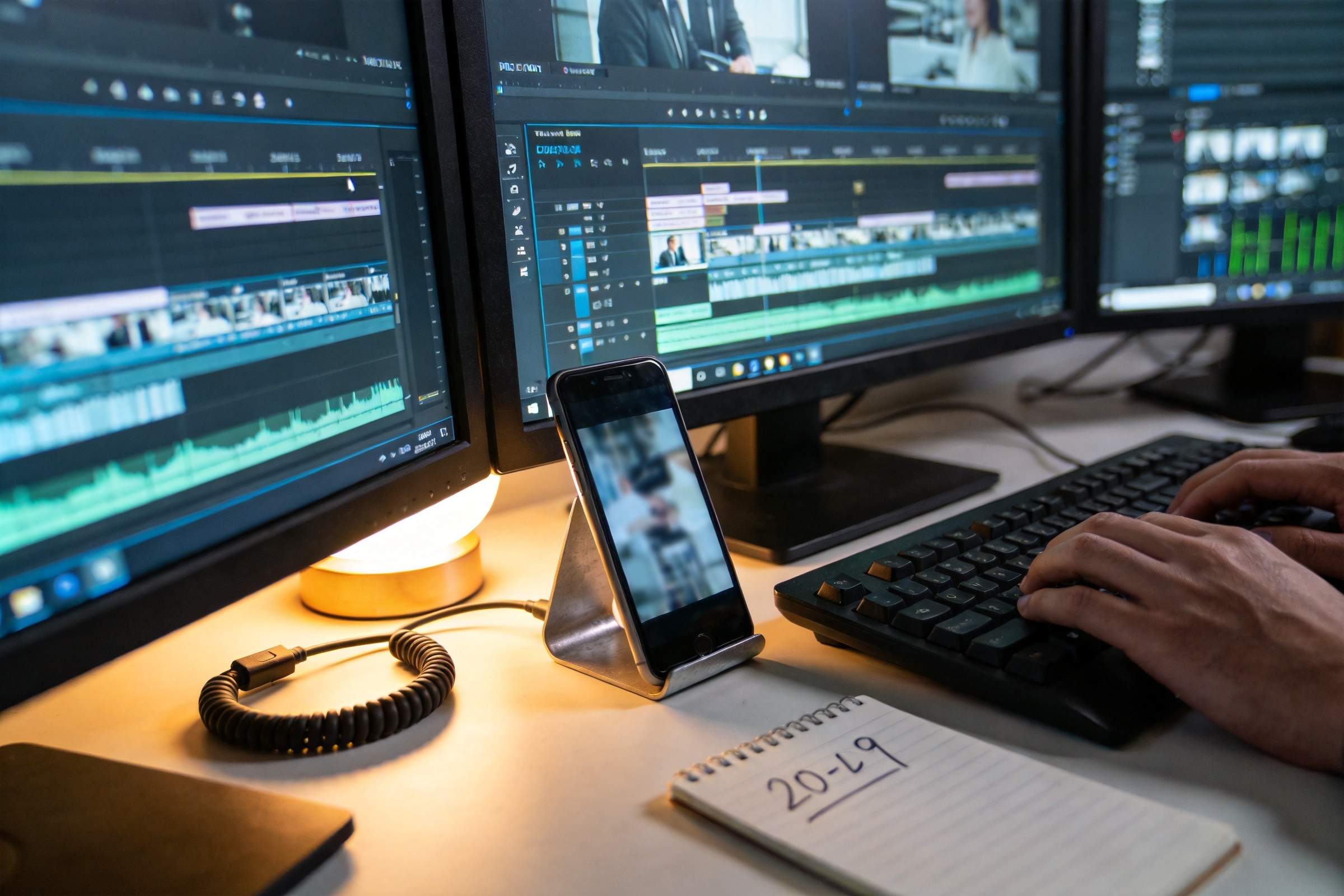 Dual monitors and a phone show video editing timelines on a desk with a keyboard and notes