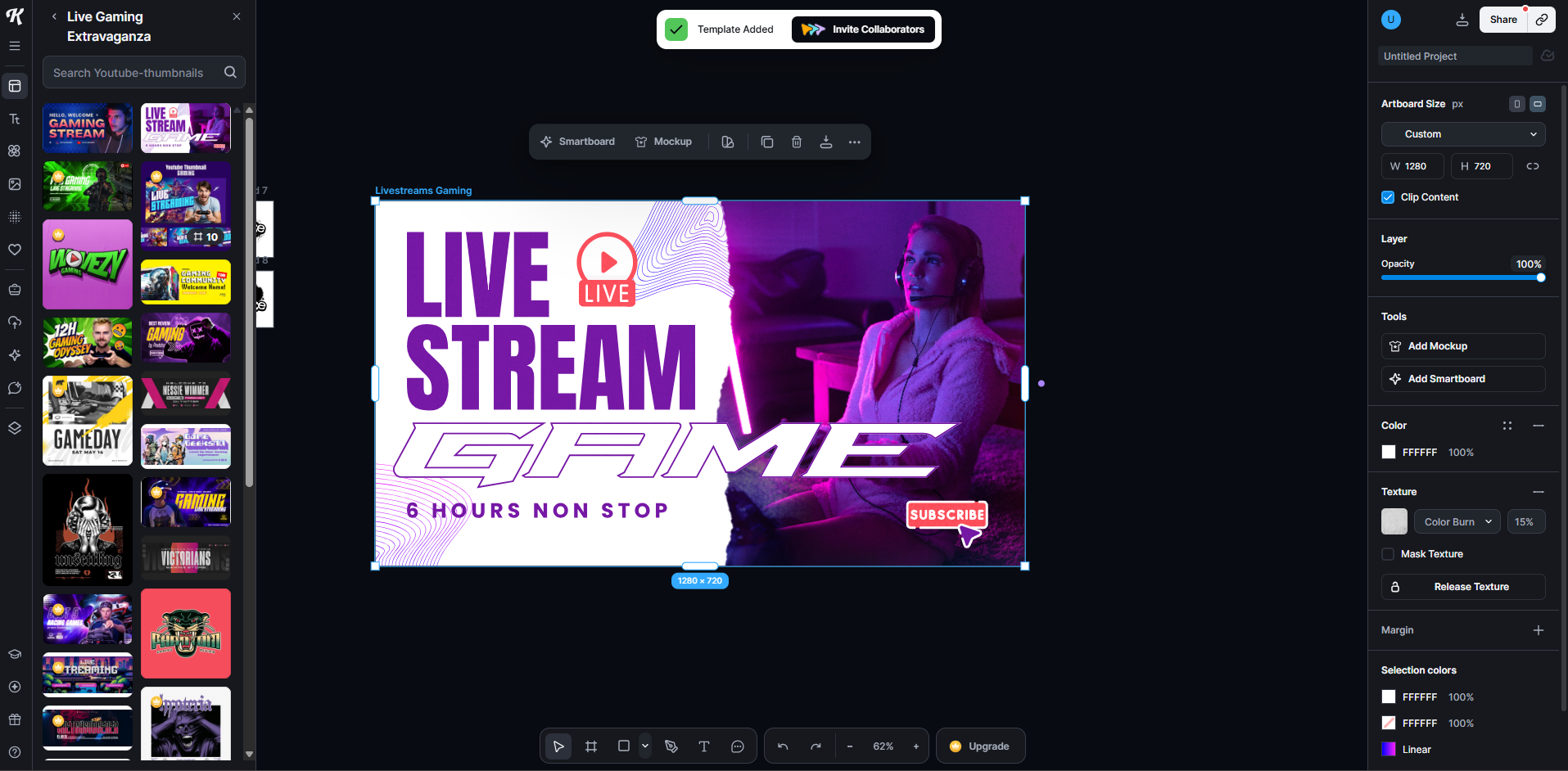Interface of Kittl - one of the best places to find gaming thumbnails