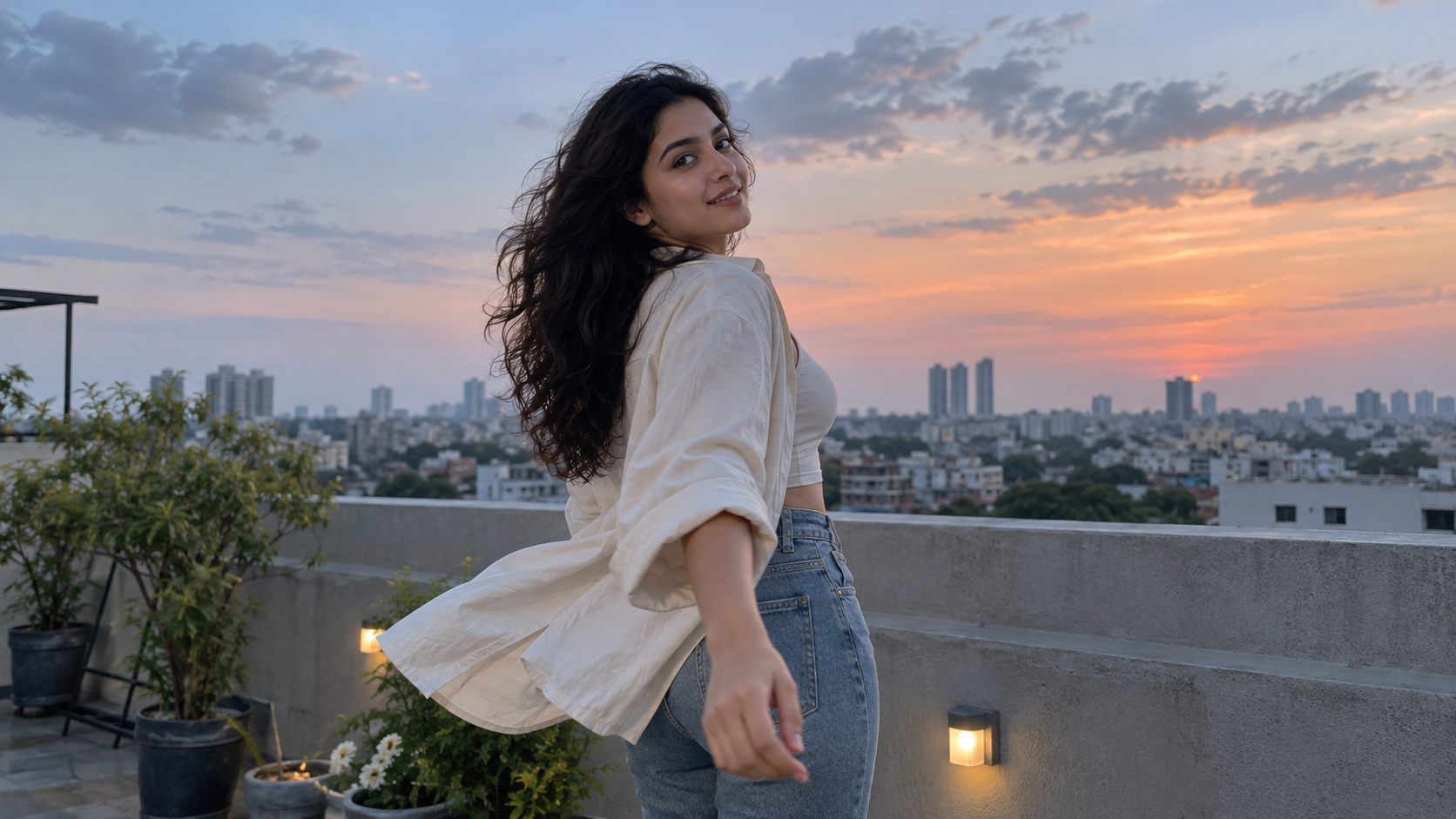 Esempio di Rooftop Hair-Flip Reveal per modello di capcut chalrey chalrey waal