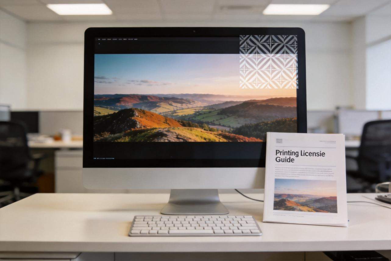 Desktop monitor showing a landscape video with a watermark pattern in the top right