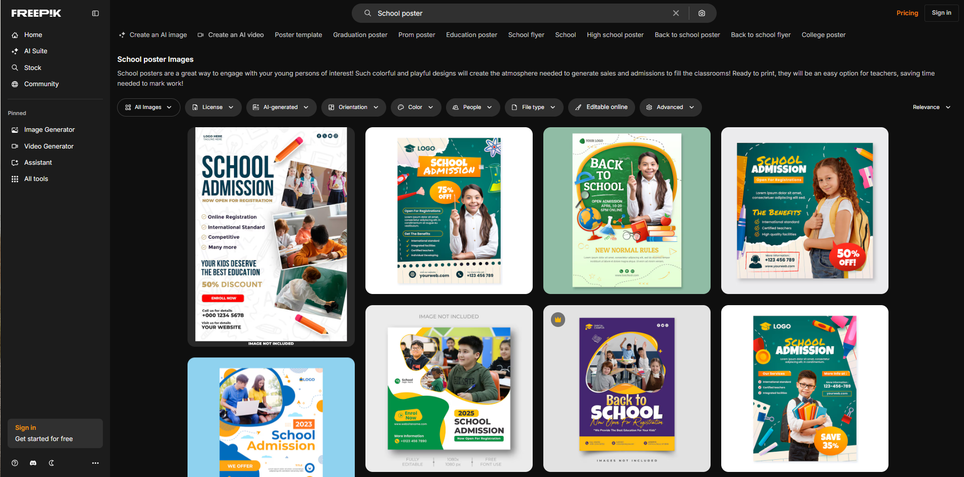 Interface of Freepik - a site with versatile school poster designs
