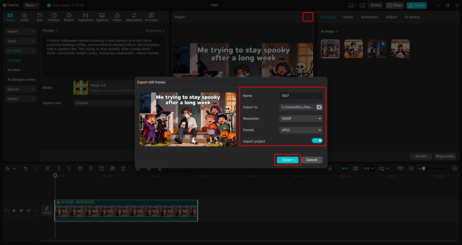 Exporting the meme from the CapCut desktop video editor