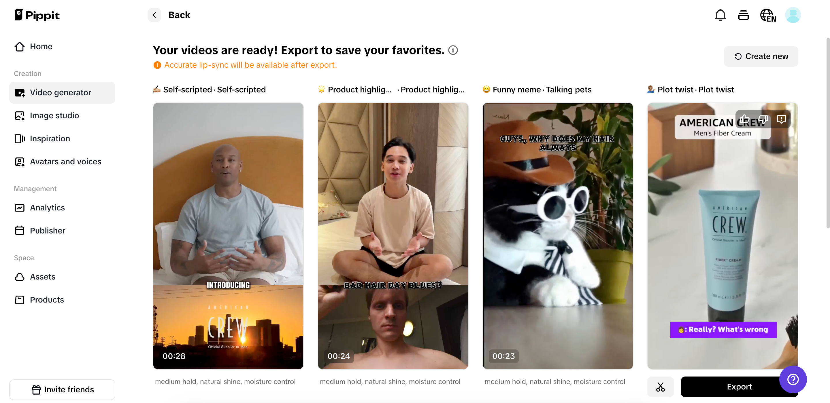 Selecione seu vídeo gerado preferido