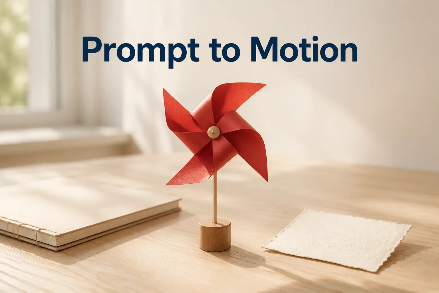 Prompt to Motion cover with a red paper pinwheel on a sunlit studio table