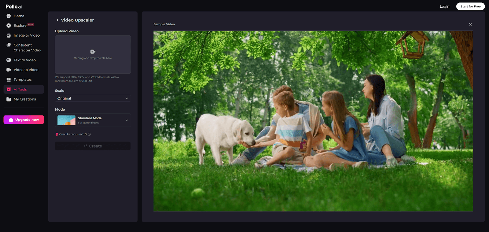 Interface of Pollo AI - an easy to use and free video upscaler