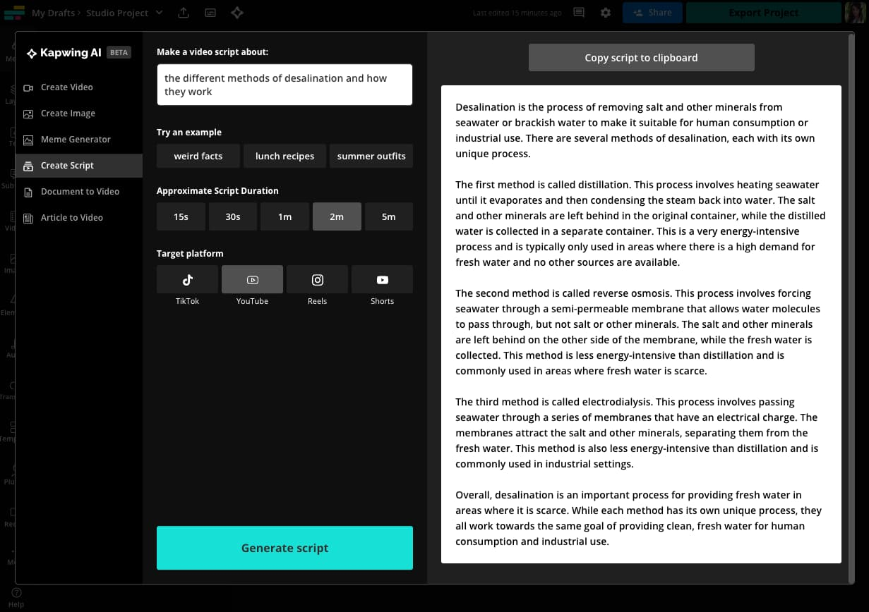 Interface ng Kapwing - isang madaling gamitin na video script generator
