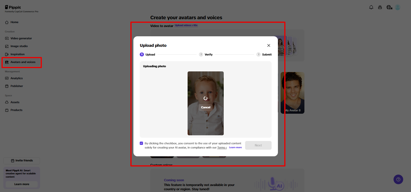 Uploading baby photo to Pippit