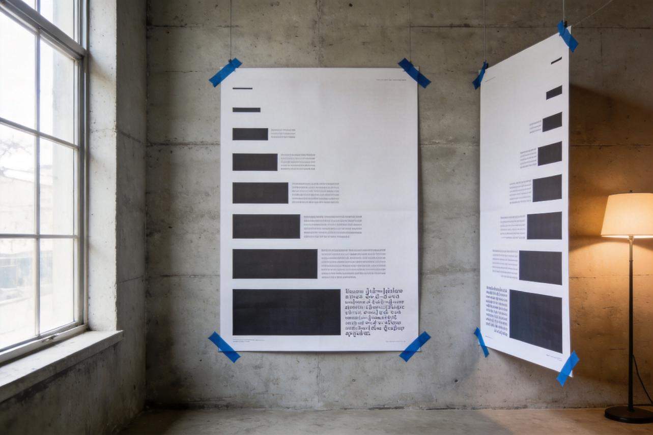 Two large poster mockups taped to a concrete wall, each with text blocks and black layout rectangles