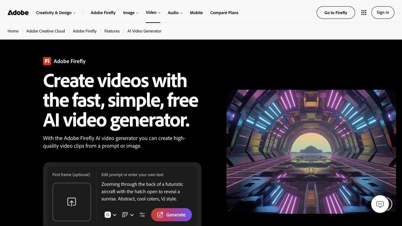 Adobe Firefly-productpagina met een promptbox, optioneel eerste frame en een videovoorbeeld van een leverancier