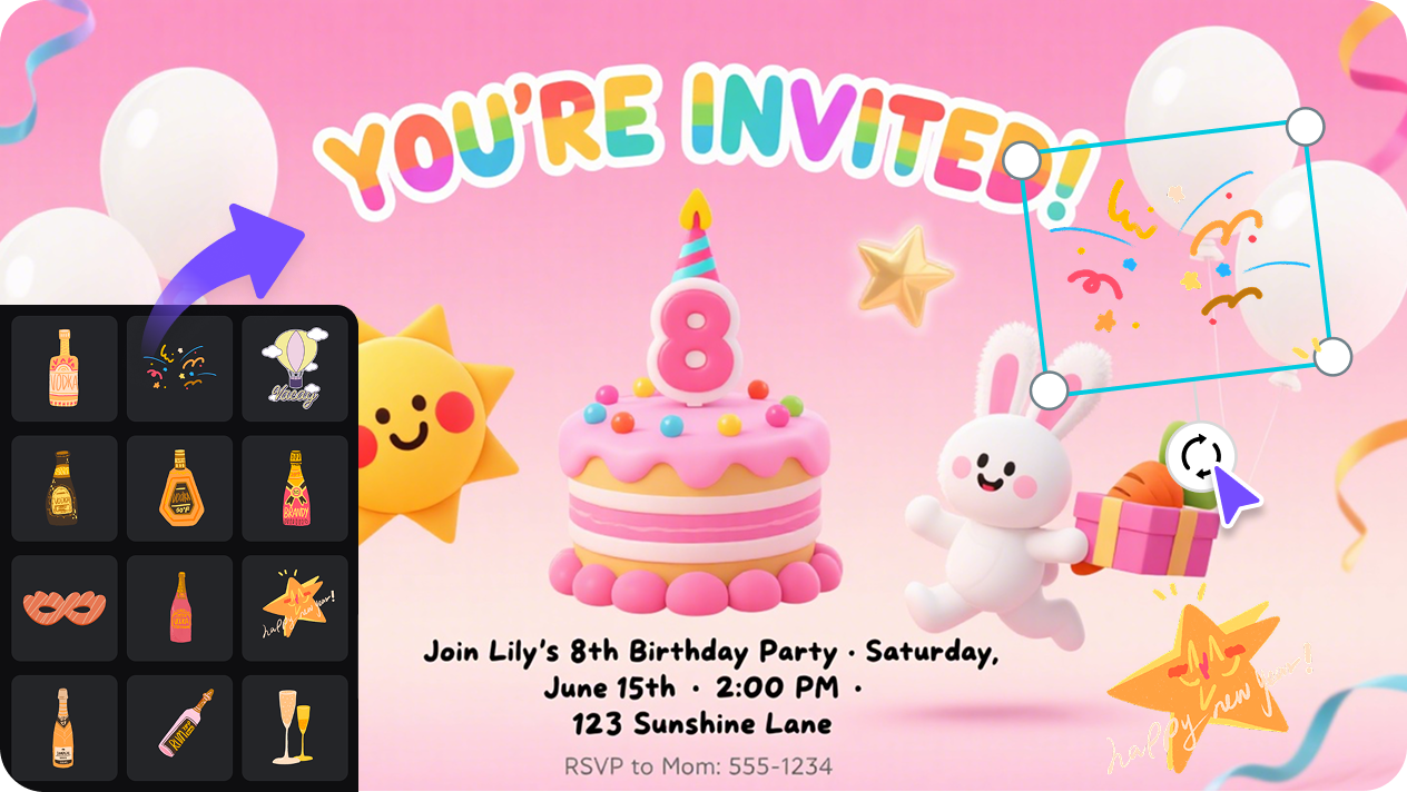 Birthday-themed stickers, filters, and effects