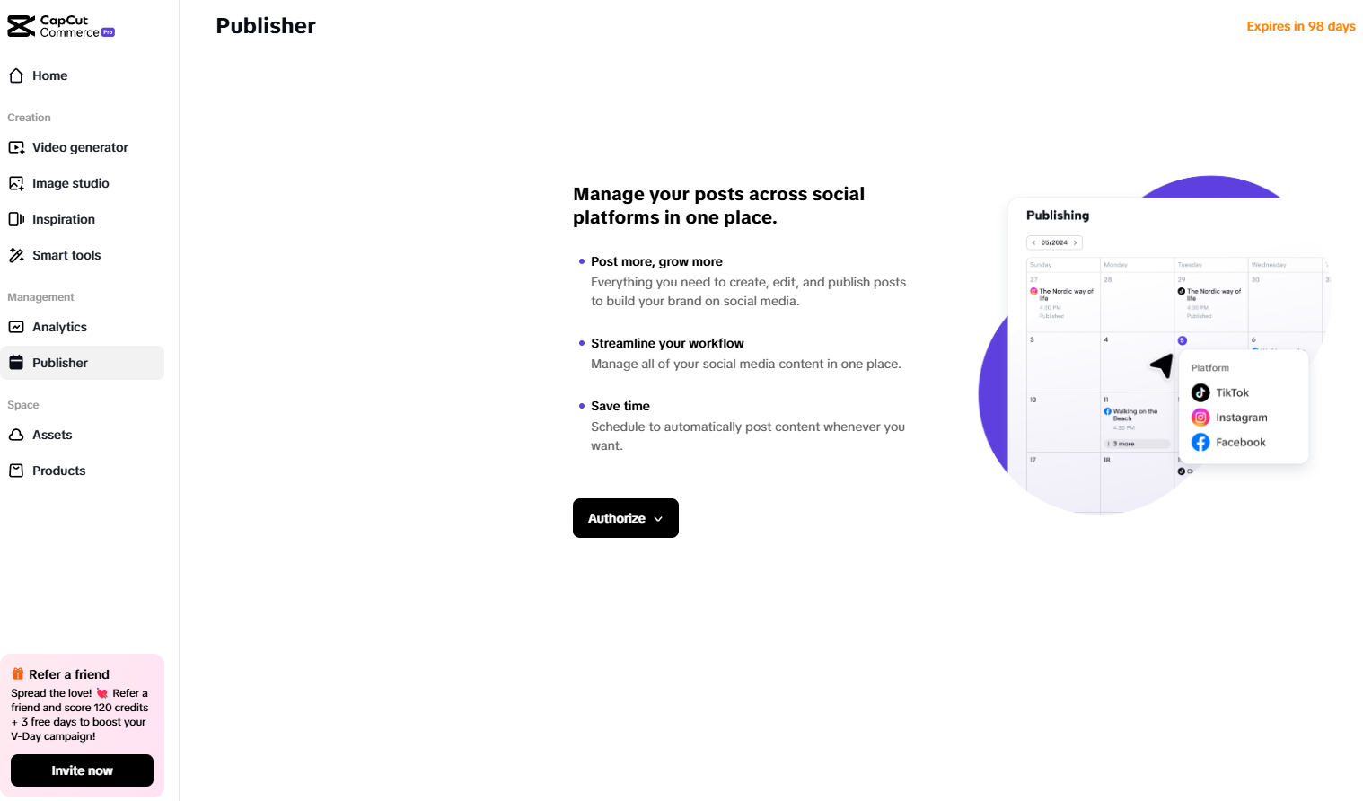 Pippit Publisher tool for scheduling and managing social media posts across TikTok, Instagram, and Facebook.
