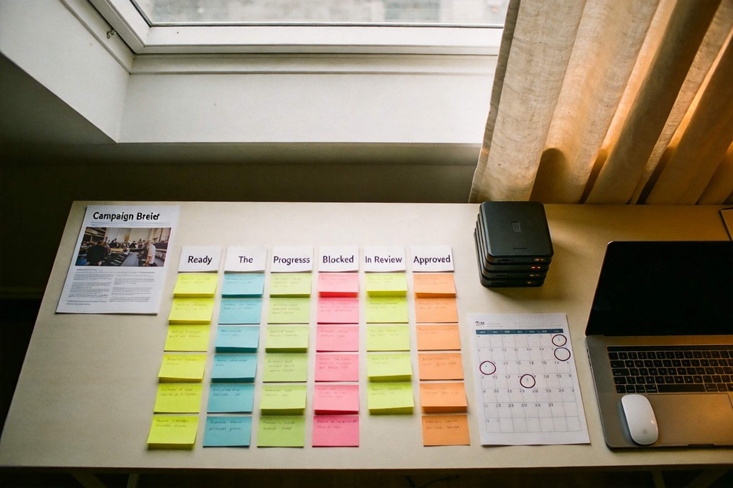 Color-coded sticky notes organized by task status beside a calendar and laptop on a desk