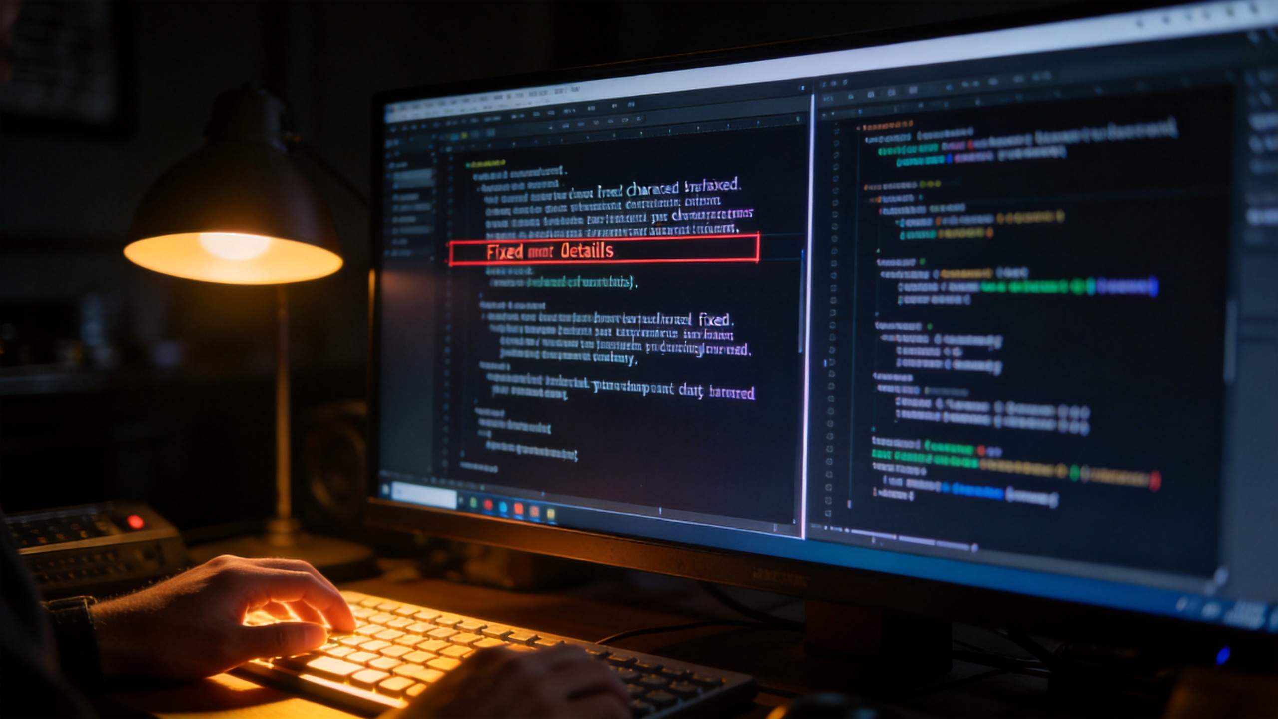 Person typing at a desk with two code editor windows on a monitor