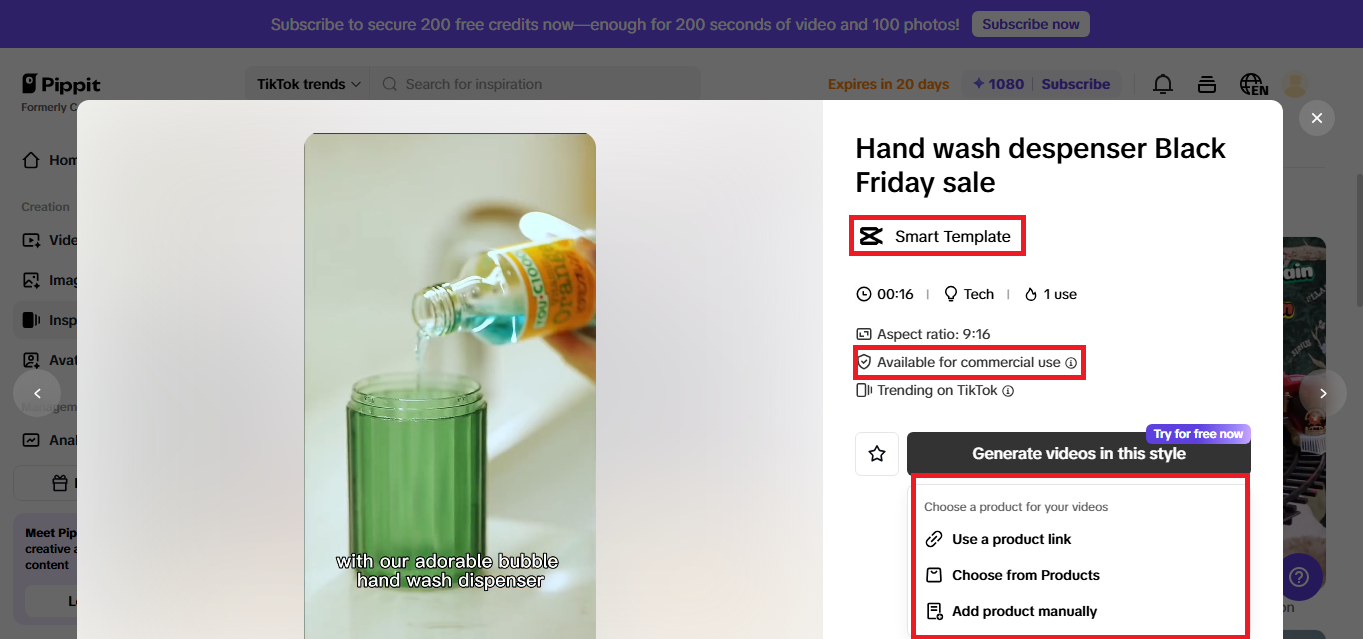 TikTok's trending video template with product upload options and commercial use tag