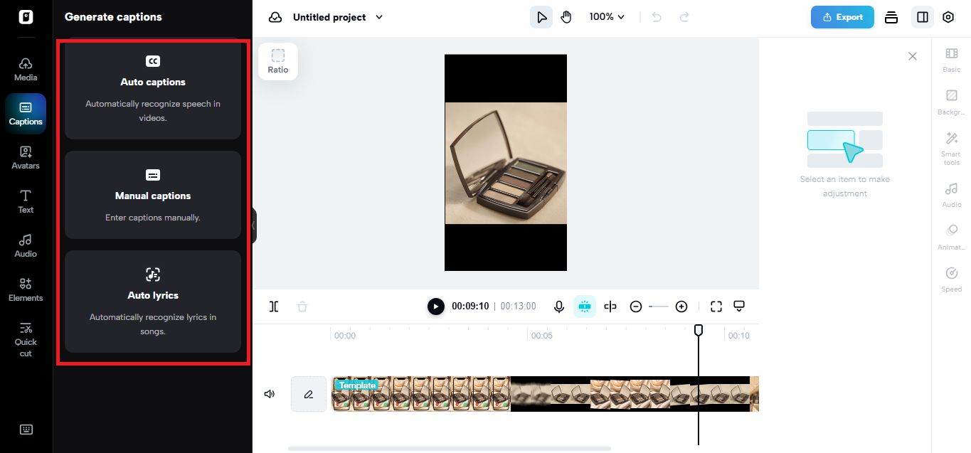 Caption options for videos in the Pippit video editor