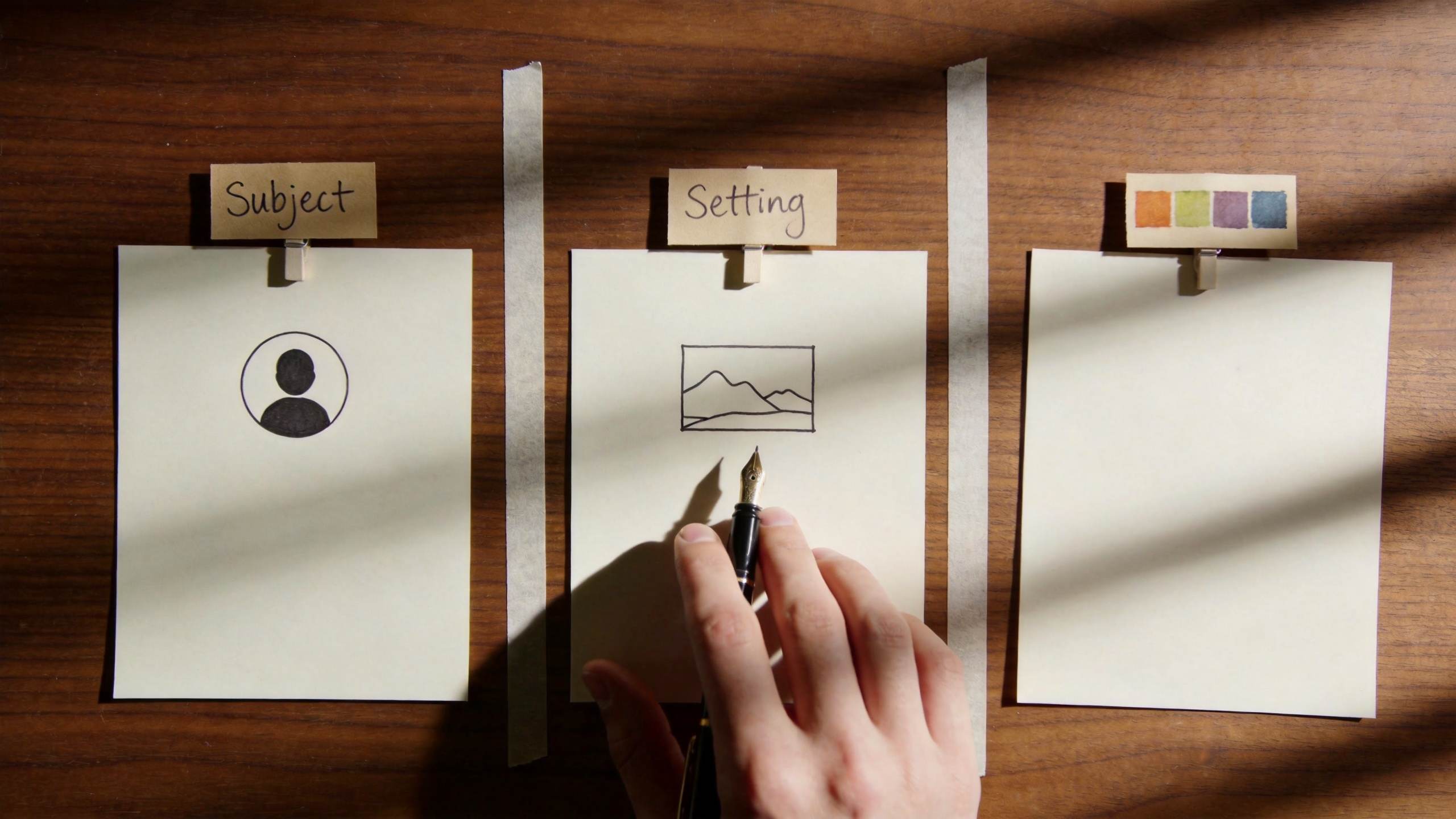 Three labeled cards for subject, setting, and style on a desk, with a hand holding a pen.