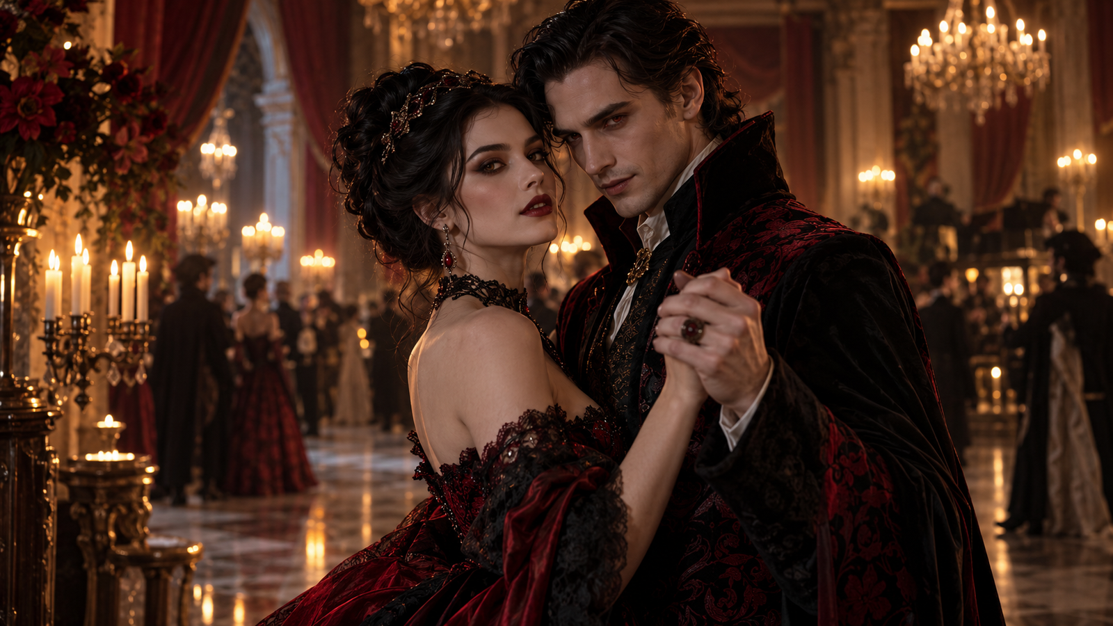 Vampire couple portrait: Two fictional adults as matching elegant vampires in a candlelit ballroom, both faces clearly visible