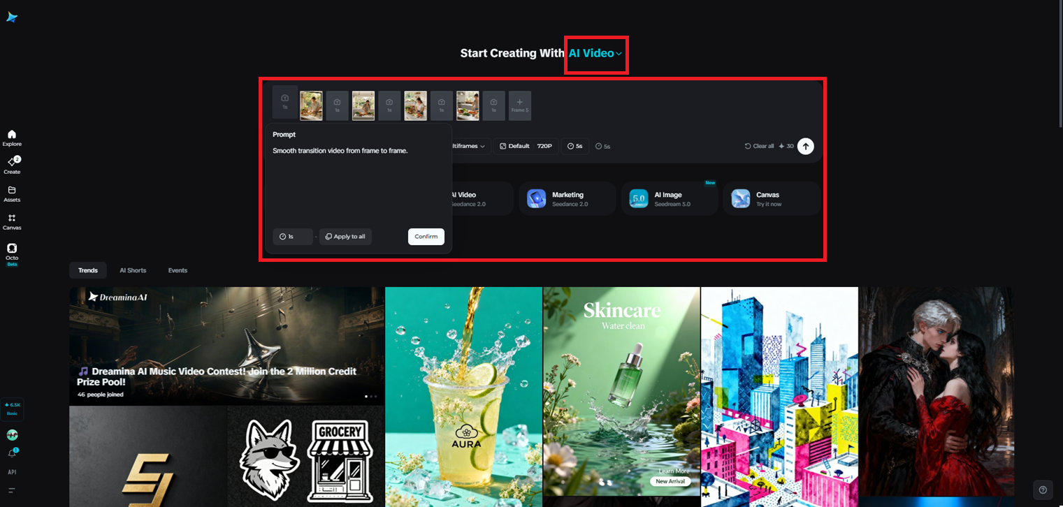Multframe feature in Dreamina