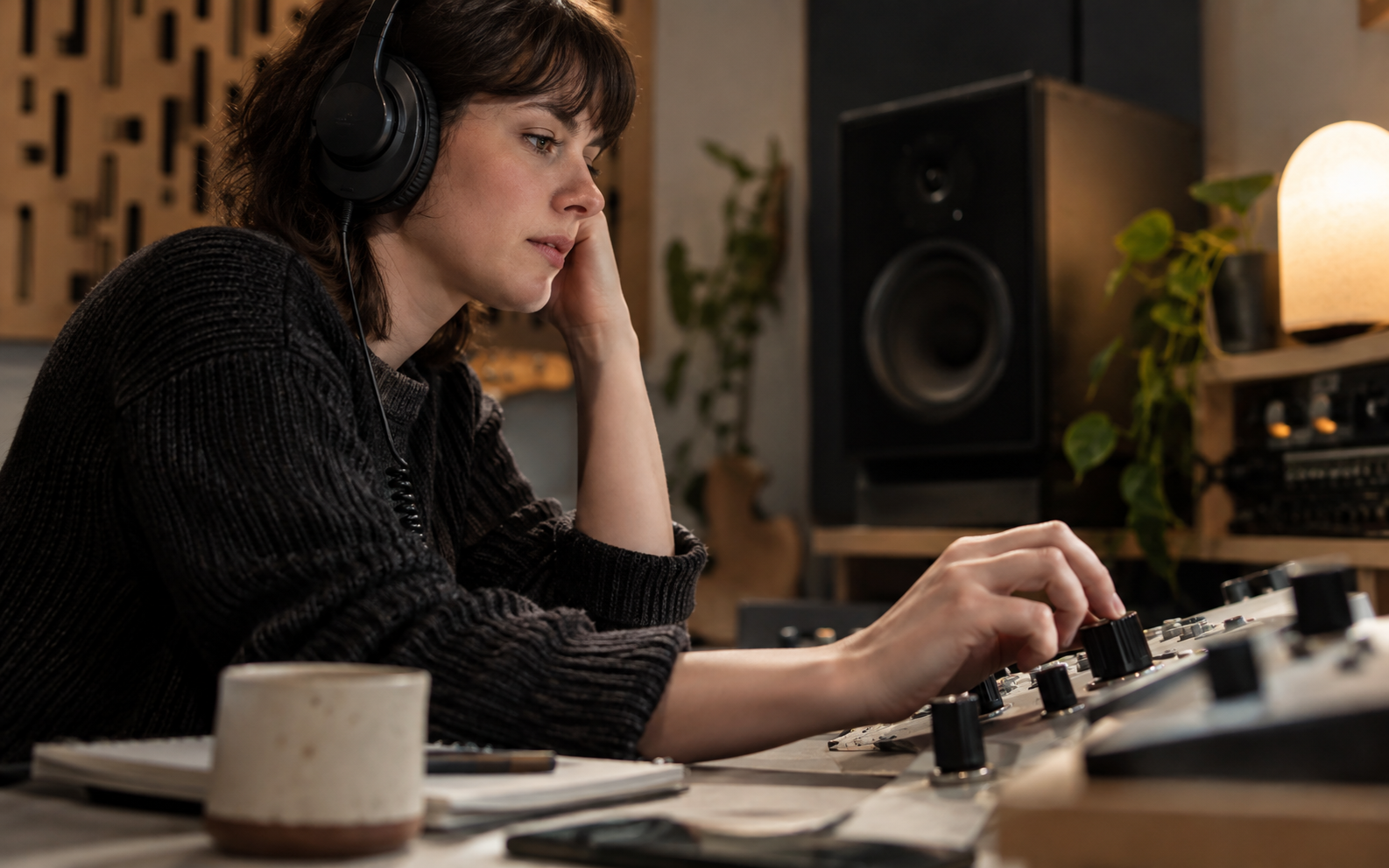 A focused audio editor listening to a short passage with one hand on an unbranded physical control knob, screens entirely out of frame.