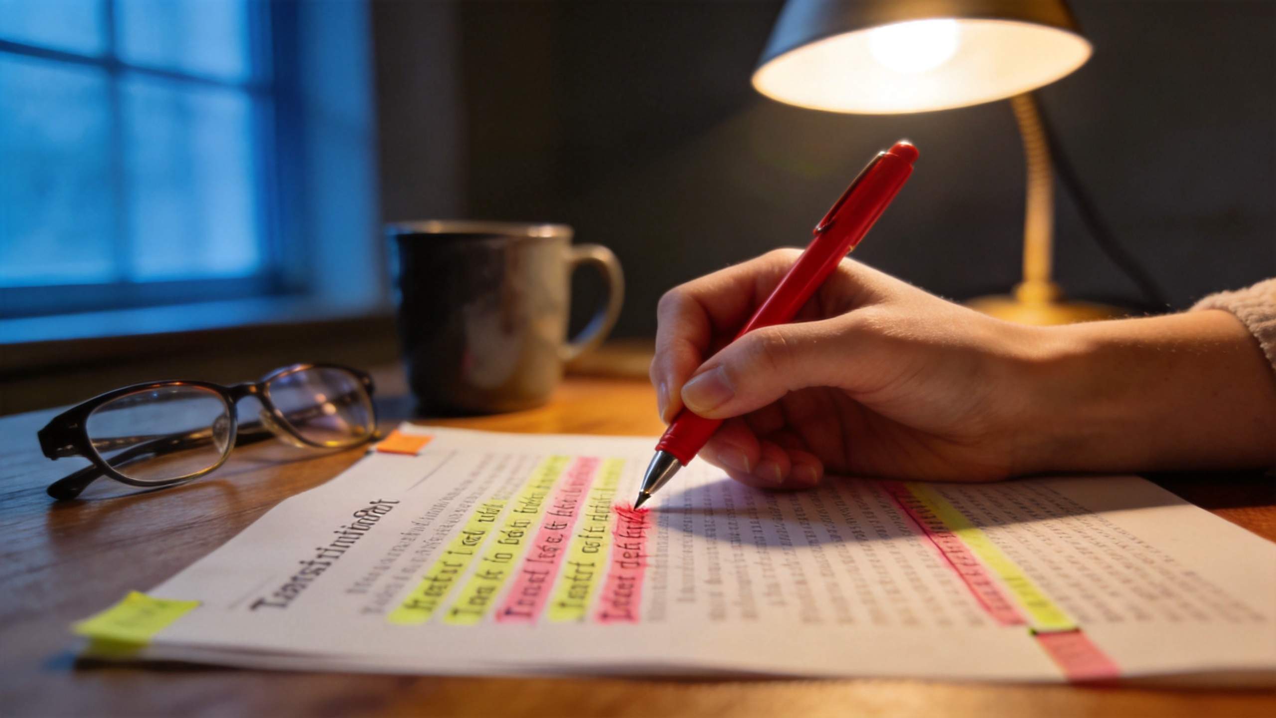Hand highlighting text on printed notes beside glasses and a mug under a desk lamp