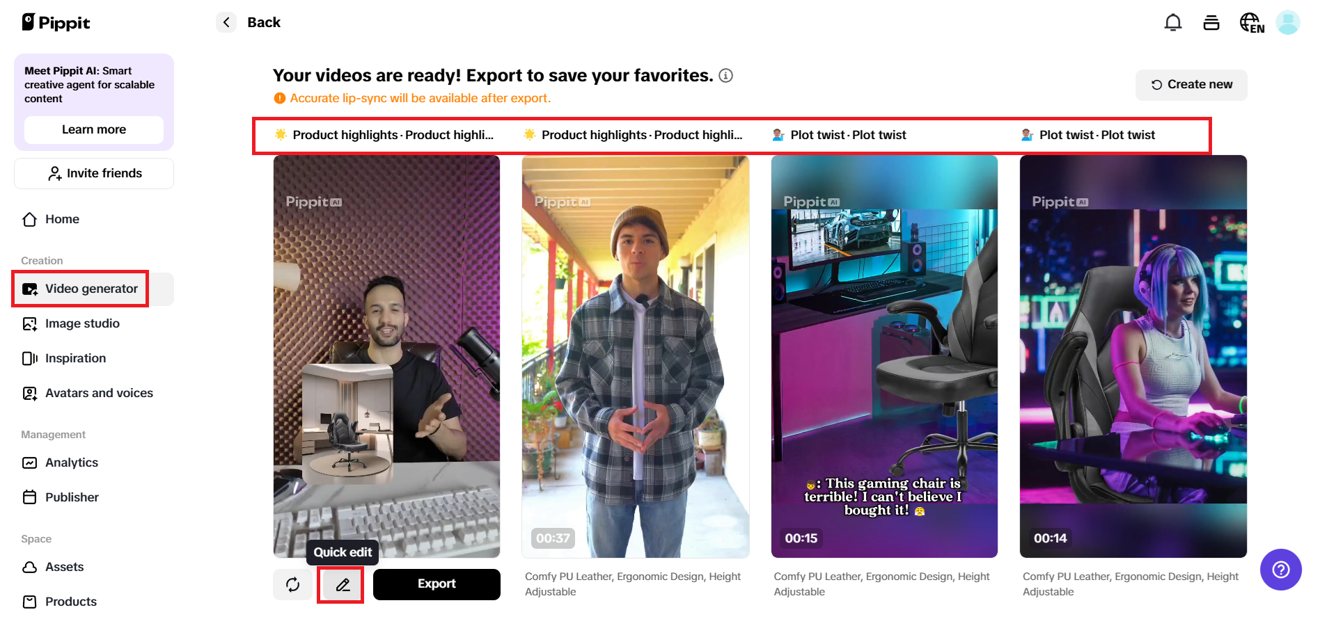 Preview generated videos and choose Quick edit